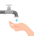 Vector illustration of faucet and hand holding a falling drop of water. Royalty Free Stock Photo