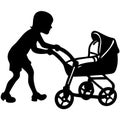 Child Silhouette Pushing Baby Stroller Vector Illustration for Family Design Projects