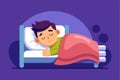 Vector illustration featuring a man peacefully sleeping in bed under a pink blanket within a cozy setting at night Royalty Free Stock Photo