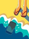 Vector illustration. Feet on a sandy beach near the sea.