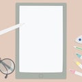 Vector illustration of felt pens, digit tablet, eyeglasses etc.