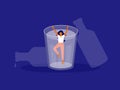 Vector illustration of female alcoholism with afraid woman drowning in glass of alcohol