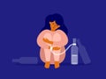 Vector illustration of female alcoholism with unhappy woman chained to alcohol drink bottle sitting hugging knees Royalty Free Stock Photo