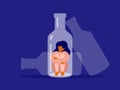 Vector illustration of female alcoholism with unhappy woman sitting at alcohol drink bottle bottom hugging her knees Royalty Free Stock Photo