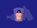 Vector illustration of female alcoholism with unhappy woman sitting into drink glass hugging her knees Royalty Free Stock Photo