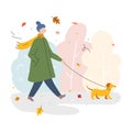 Vector illustration of female character walking a dog in a park in stylish outwear coat. Royalty Free Stock Photo