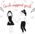 Vector illustration with female characters and hand lettering phrase girls support girls.