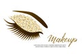 Vector illustration of female eye with long eyelashes and luxury makeup. Golden glitters eyeshadows, trendy makeup.