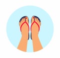 Vector illustration female feet with a pedicure in the summer flip-flops. summer - concept background Royalty Free Stock Photo