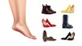 Vector illustration of female feet standing on finger toes and collection of different shoes on background Royalty Free Stock Photo