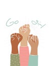 Vector illustration of female fists raised to the top.The concept of feminism, equality, freedom and women`s rights