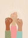 Vector illustration of female fists raised to the top. The concept of protest, women fighting for prova