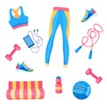 Vector illustration of female fitness equipment flat lay: dumbbells, med ball, leggings, bra, rope, smartphone