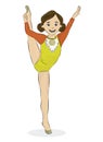 Vector cartoon illustration of a cute female gymnast posing on the floor