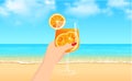 Vector illustration of a female hand raising a glass of aperol spritz cocktail at the sea shore Royalty Free Stock Photo