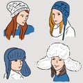 Vector illustration of female heads in various hats for cold weather