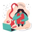 Vector illustration with female, laptop messenger, chatting. She has got dislike, hurtful words from a phone. Lettering