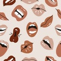 Vector illustration female mouths. Different colors lipstick. Seamless pattern with various of mimic, emotions, facial