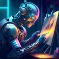 Vector illustration of a female robot drawing a picture on a canvas. Generative AI Royalty Free Stock Photo