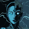 Vector illustration of a female robot in a futuristic style on a dark background.