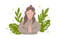 Vector illustration with female silhouette in meditating pose with monstera leaves. Yoga concept print, poster, card and