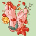 Vector illustration of female soles of feet around flowers, leaves and exotic vegetation. Barefoot woman with tropical plants Royalty Free Stock Photo