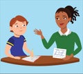 Vector illustration of a female teacher showing a flashcard to a male student. Royalty Free Stock Photo