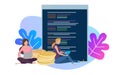 Illustration of female woman programmer coding on a Computer. Get money from code developer application. screen line of