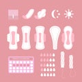 Vector illustration of feminine hygiene icons set. Cartoon flat design of sanitary pads, tampons, calendar and