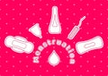 Vector illustration of feminine hygiene products for menstruation bleeding period. Sanitary pads, tampons and menstrual cup for pe