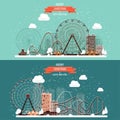 Vector illustration. Ferris wheel. Winter carnival. Christmas new year. Park with snow.