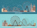 Vector illustration. Ferris wheel. Winter carnival. Christmas new year. Park with snow.