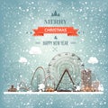 Vector illustration. Ferris wheel. Winter carnival. Christmas new year. Park with snow.