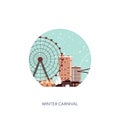 Vector illustration. Ferris wheel. Winter carnival. Christmas, new year. Park with snow and roller coaster.