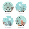 Vector illustration. Ferris wheel. Winter carnival. Christmas new year. Park with snow. Roller coaster.