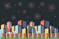 Vector illustration of a festive fireworks display over the city at night scene for holiday and celebration background design Royalty Free Stock Photo