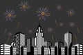 Vector illustration of a festive fireworks display over the city at night scene for holiday and celebration background design Royalty Free Stock Photo