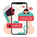 Female phone mobile chatting, get not good messege, dislike, hurtful words. Lettering LOSER, STOP cyberbullying. Vector Royalty Free Stock Photo