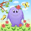 Cute cartoon purple monster in nature. Royalty Free Stock Photo