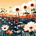 Vector illustration of a field of daisies and poppies Generative AI