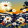 Vector illustration of a field of daisies and trees in the background Generative AI