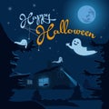 Halloween night background with ghosts, haunted house and full moon. Royalty Free Stock Photo