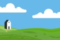 Vector illustration of fields landscape with a green hills, blue sky, and forest in flat style. Rural landscape. Vector