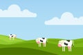 Vector illustration of fields landscape with a green hills, blue sky, and forest in flat style. Rural landscape. Vector