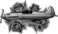 monochromatic illustration of a fighter Spitfire with roses