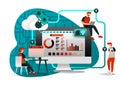 Vector illustration of file storage technology, sharing, remote worker, network industry 4.0. people sharing work file. cloud impr