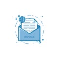 Vector illustration of filled bold outline open envelop with web page and coin icon.