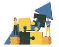 Vector illustration, financial management concept, statistics and business report, small people like jigsaw