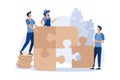 Vector illustration, financial management concept, small people like jigsaw puzzles puzzles
