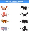 vector illustration finding the correct shadow wild animals crab octopus tiger hippopotamus